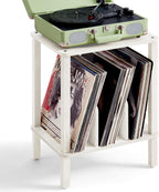LELELINKY 2-Tier Record Player Stand with Vinyl Record Storage up to 100 Albums, Bedroom Record Holder and Multi-Functional End Table for Living Room, Grey White