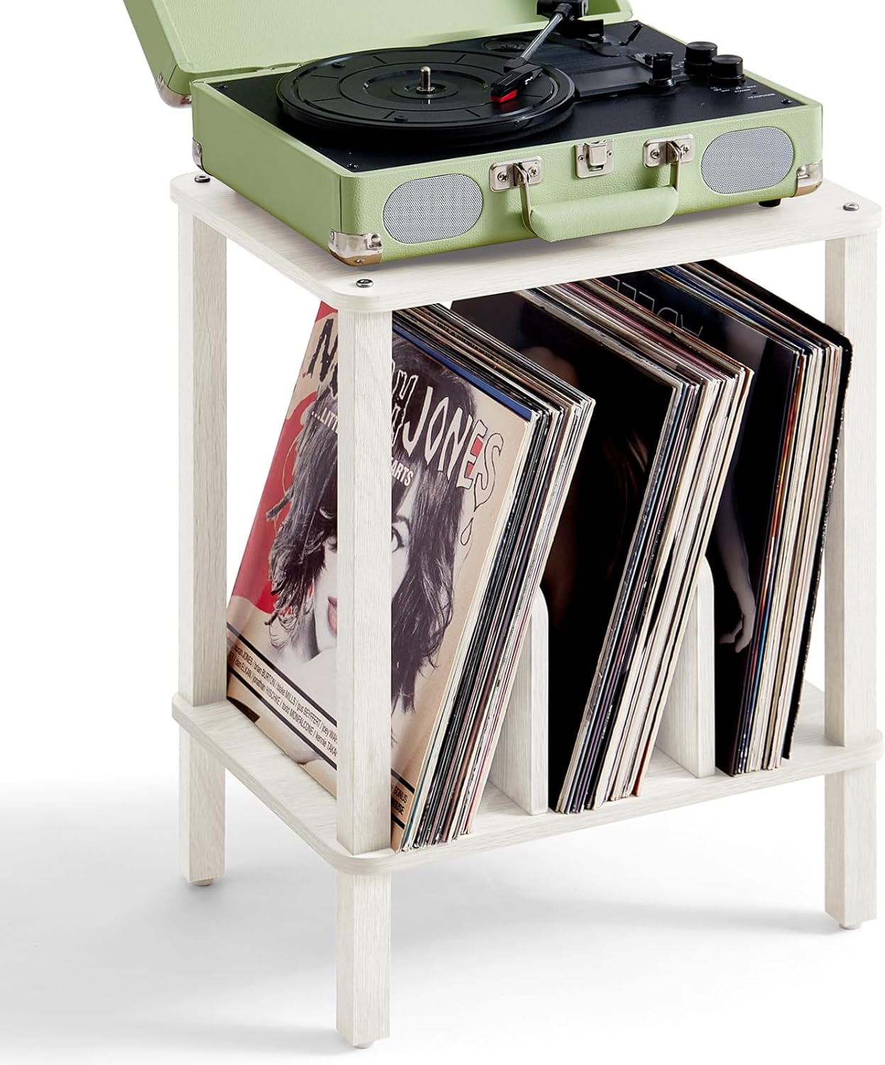 LELELINKY 2-Tier Record Player Stand with Vinyl Record Storage up to 100 Albums, Bedroom Record Holder and Multi-Functional End Table for Living Room, Grey White