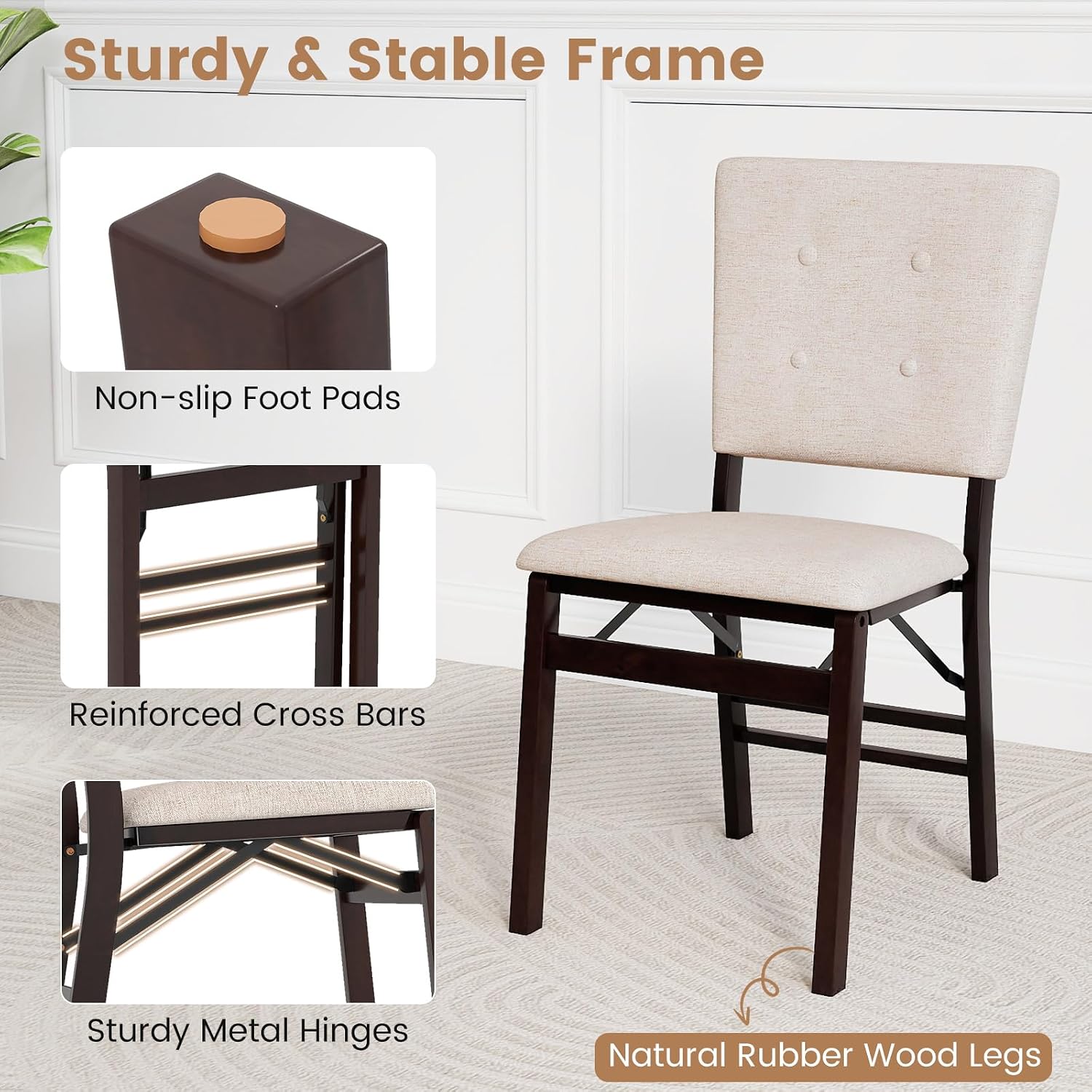 Giantex Folding Dining Chairs Set of 2, Armless Kitchen Chair w/Padded Seat & Tilt Backrest, Rubber Wood Legs, Upholstered Accent Side Chairs for Dining Room, Living Room, Restaurant