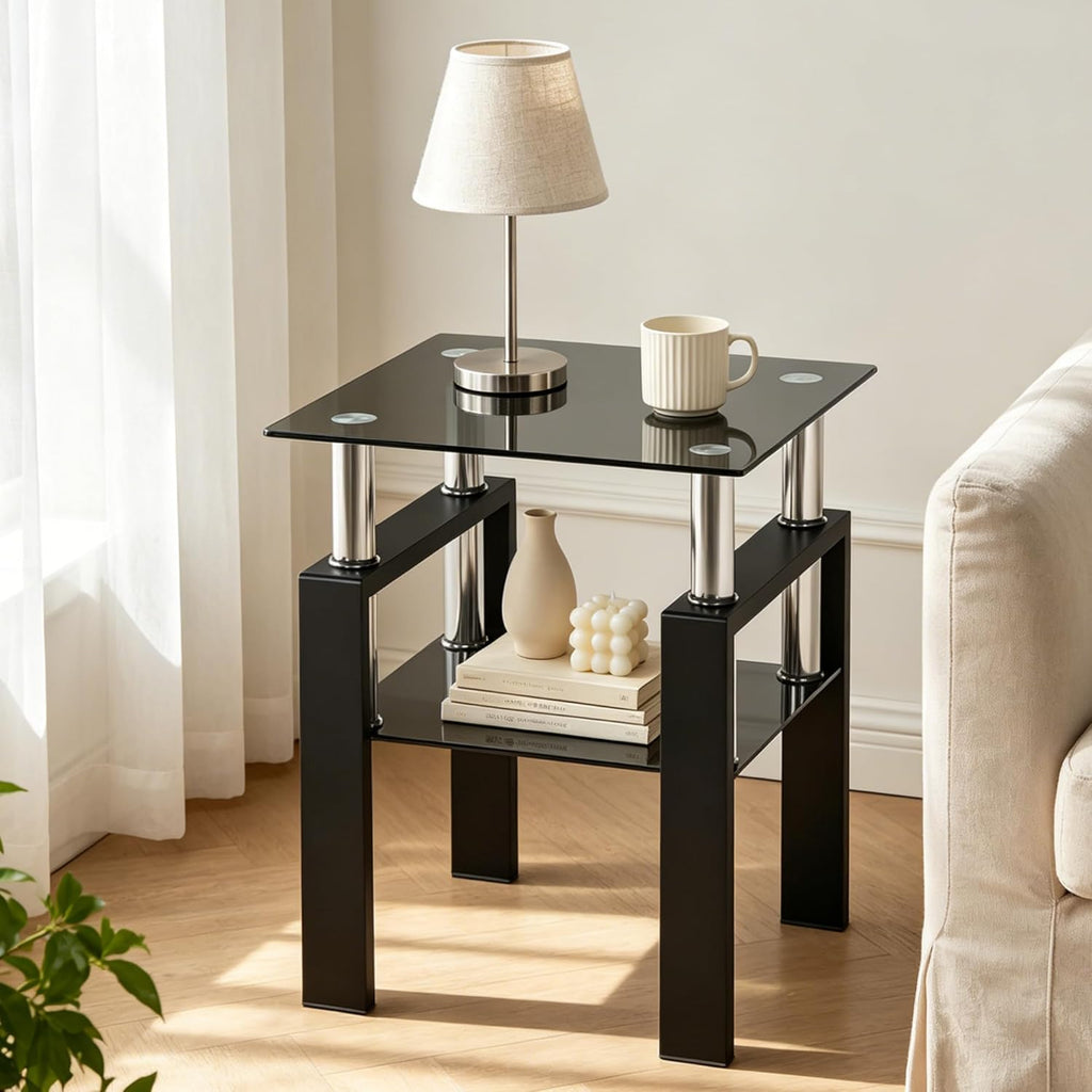Meihua Tempered Glass End Table, Black Modern Square Side Table with Metal Frame, 2-Tier Glass Accent Table for Living Room, Bedroom, Apartment & Small Spaces