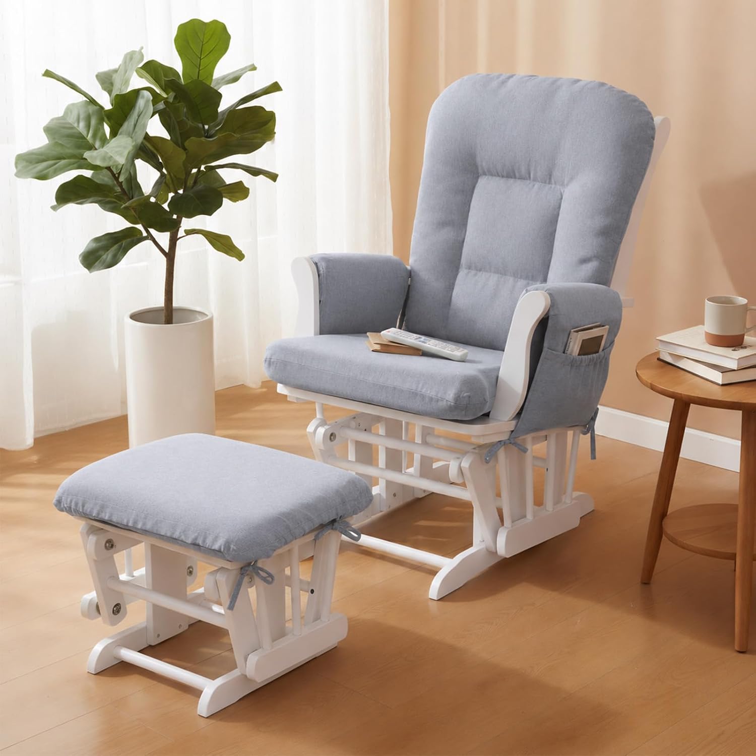 Boshen 5PCS Glider Rocker Replacement Cushions with Ottoman Cover, 3.5" Thick High Back Rocking Chair Cushion Set with Side Pockets for Indoor Nursery Glider Chair, Washable and Non Slip, Grsy