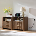 Night Stands Set of 2,Fluted Nightstands with Charging Station- Modern 2 Drawers Nightstand 23.8" Tall Bedside Table End Table, Large Night Stand for Bedroom, Sofa Side Table,Brown