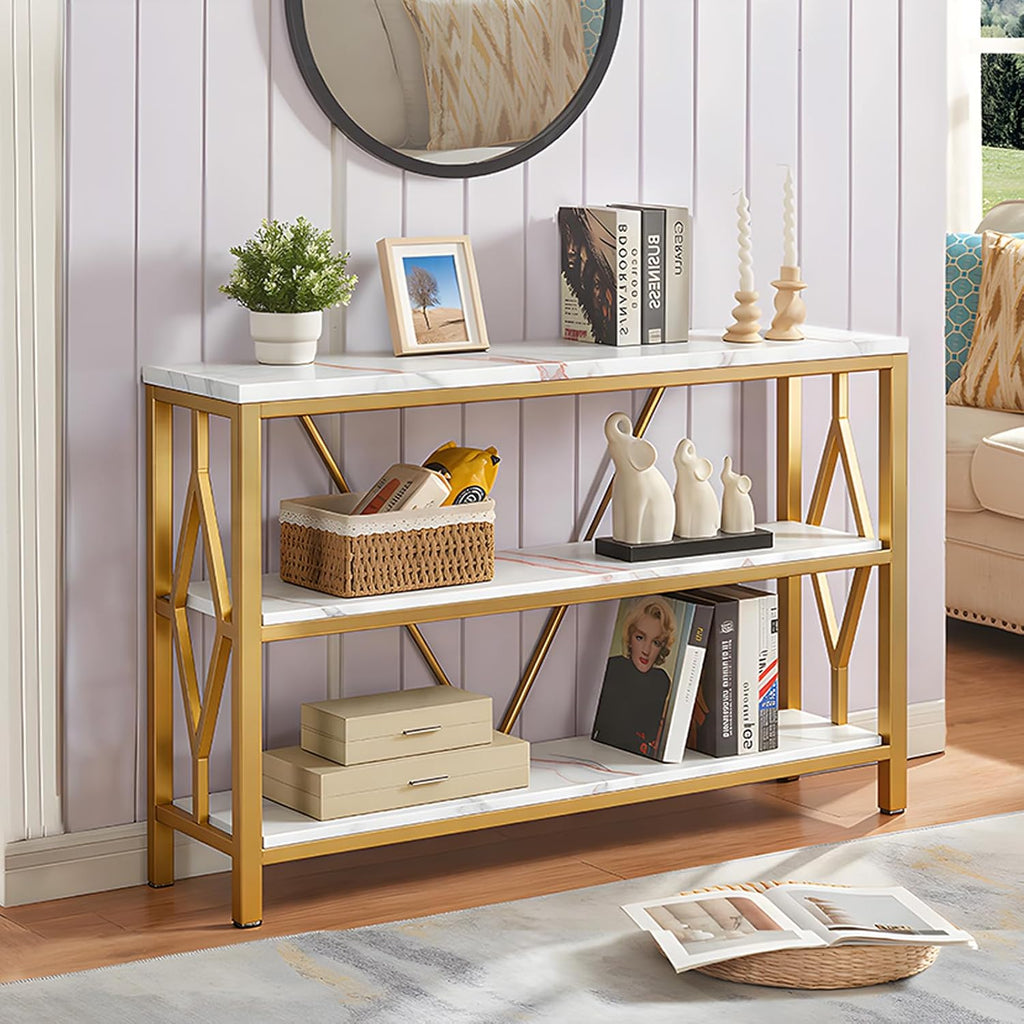 HOMISSUE Sofa Console Table, Rustic Console Table with 3-Tier Storage, Engineered Wood Sofa Tables with Open Shelves, Heavy Duty Entryway Tables for Living Room, Hallway (47 Inch, Gold)