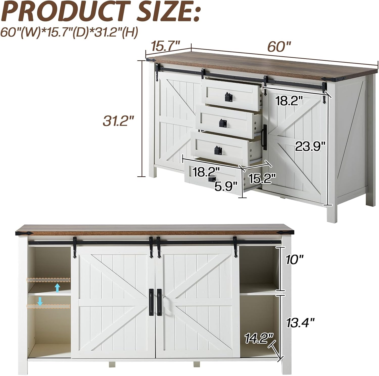 LUXOAK 60" Sideboard Buffet Cabinet with Storage Drawers for Kitchen, Dining Room, Rustic White