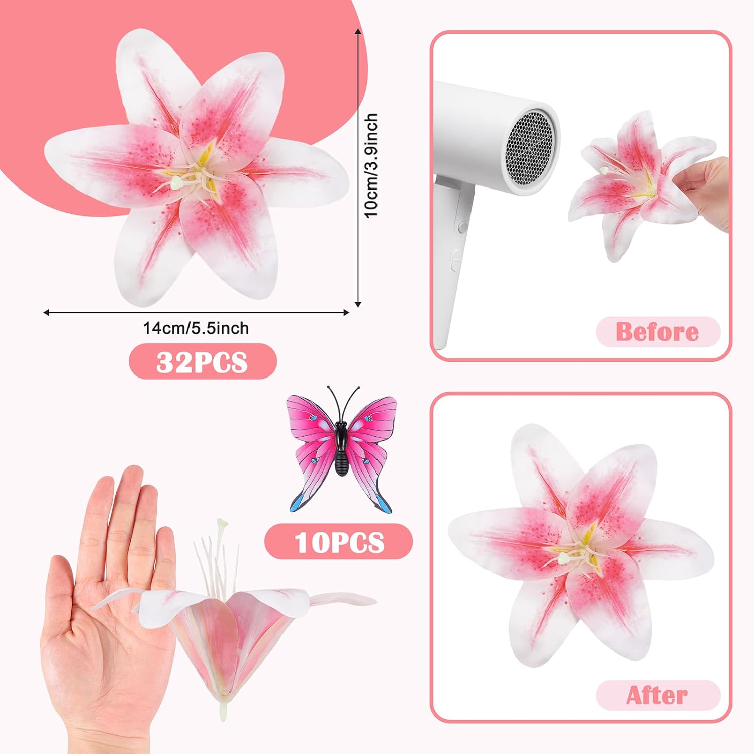 32 Pack Large Artificial Lilies Flower Heads with Realistic Stamens 5.5" Faux Fake Lily Silk Flower Heads Bulk with Butterfly for DIY Crafts Cake Wedding Bridal Wreaths Table Home Party Decoration