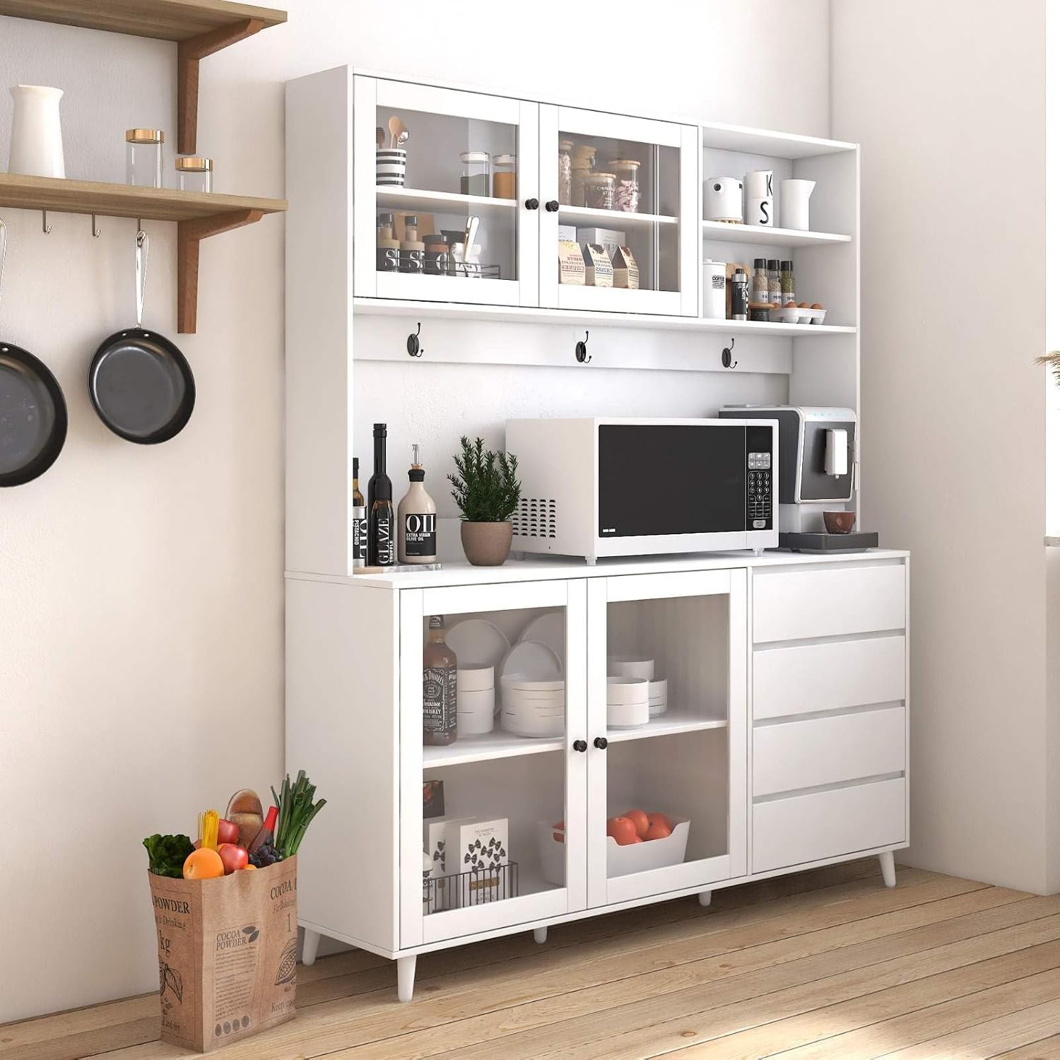 Modern White Kitchen Buffet and Hutch Storage Cabinet with Glass Doors, 4 Drawers, Open Shelves, and Hooks, Multifunctional Sideboard for Dining Room and Kitchen Organization