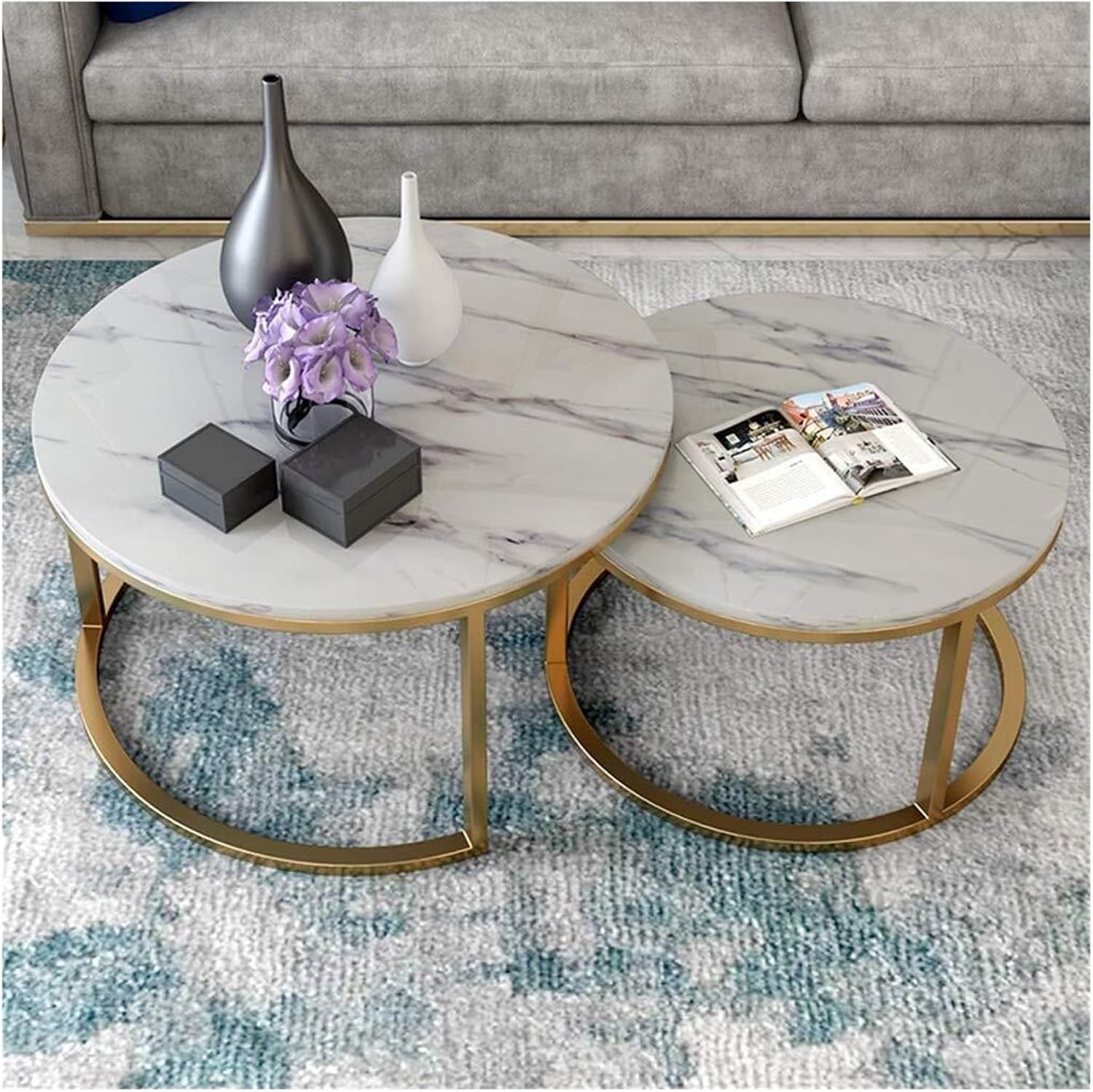 Coffee Table Set of 2， Nest of Tables Marble l White Modern Coffee Table Round Sofa Side End Table Living Room Balcony Nesting Tables，(80cm+60cm)