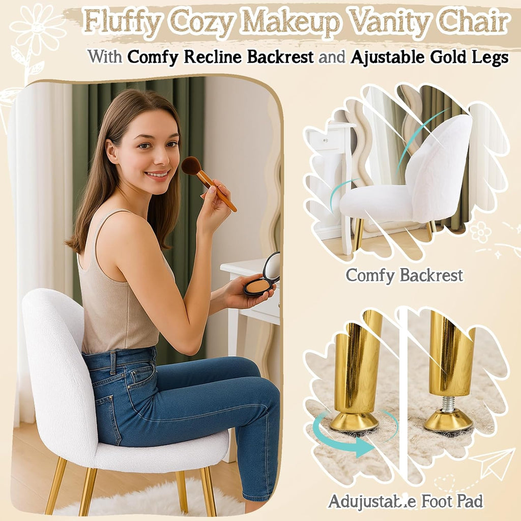 VINGLI Fluffy Girls Vanity Chair with Back & Pillow,Cute Small Cozy Desk Chair No Wheels,Comfy Makeup Ch with Ajustable Gold Legs,for Bedroom,Living Room,Small Space,White