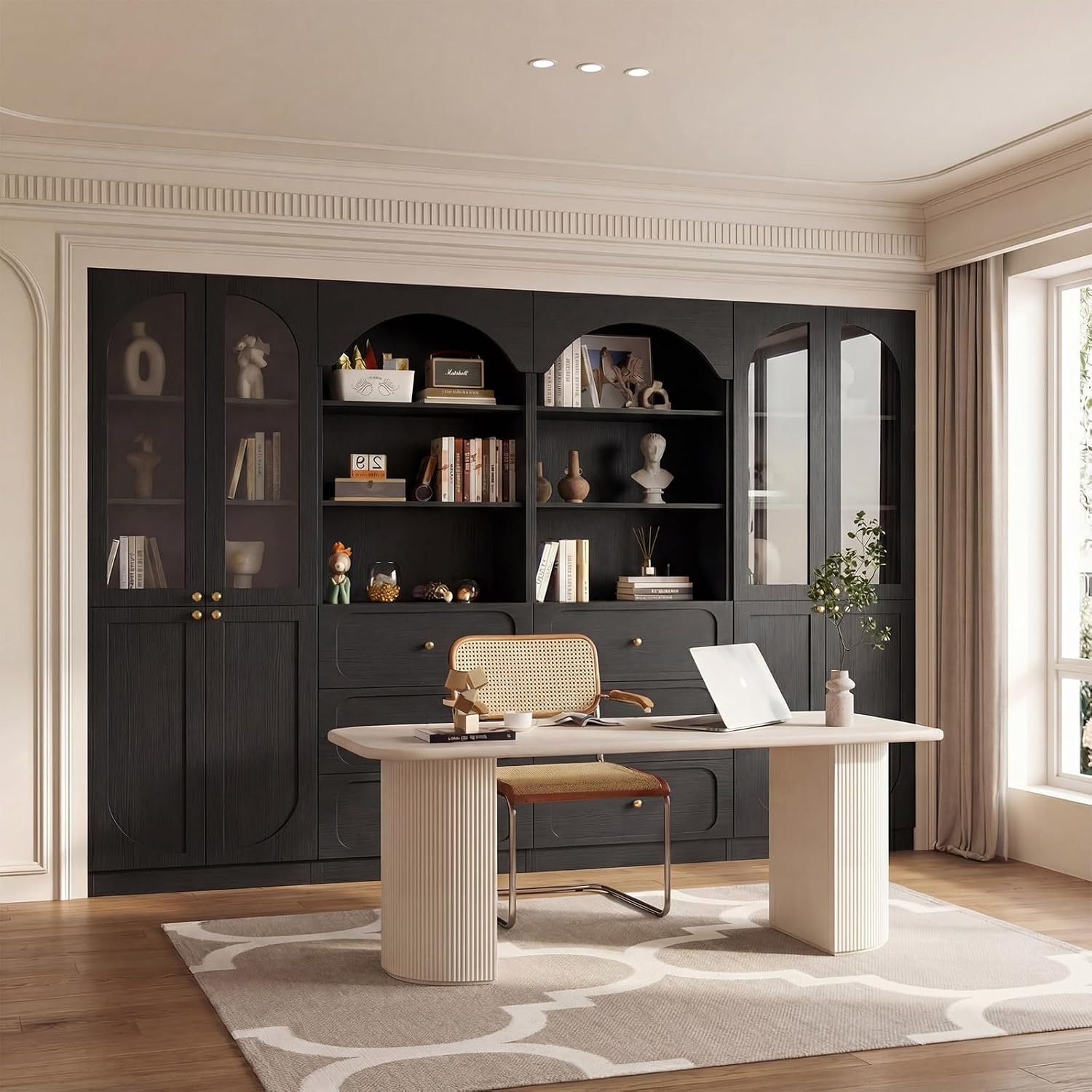Cyclysio 80" Tall Pantry Cabinet with 3 Drawers, Arched Kitchen Storage Cabinets with 3-Tier Open Shelves and Glass Doors, Wood Floor Cupboard with Seamless Fit Wall for Living Room, Kitchen