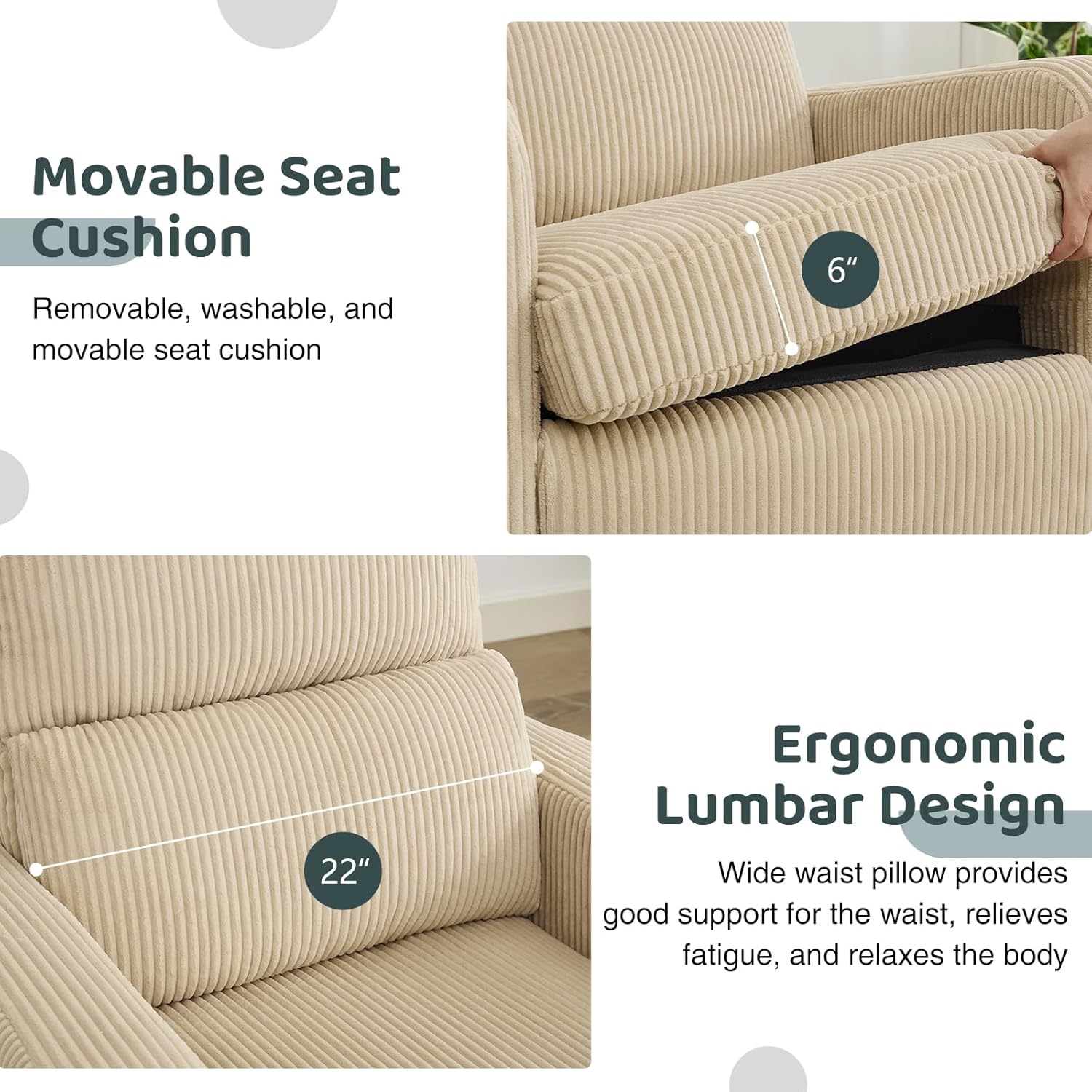 Swivel Rocker Recliner, Oversized Manual Nursery Glider Rocking Recliner Chair with Removable Cushion, Upholstered Swivel Reclining Chair for Nursery Living Room Bedroom, Corduroy Camel