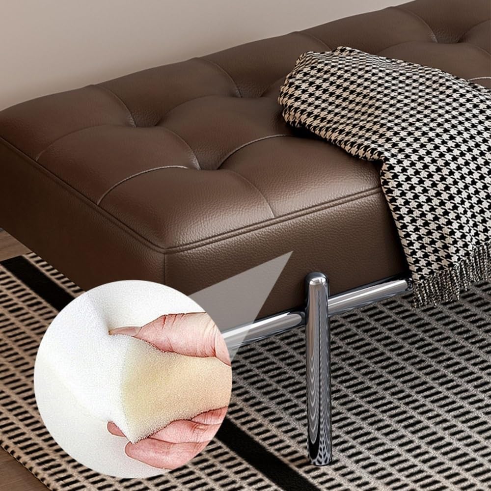 Modern Bed End Stool Light Luxury Shoe-Changing Bench Stainless Steel Long Leather Minimalist Bedside Entryway(Brown,Medium)