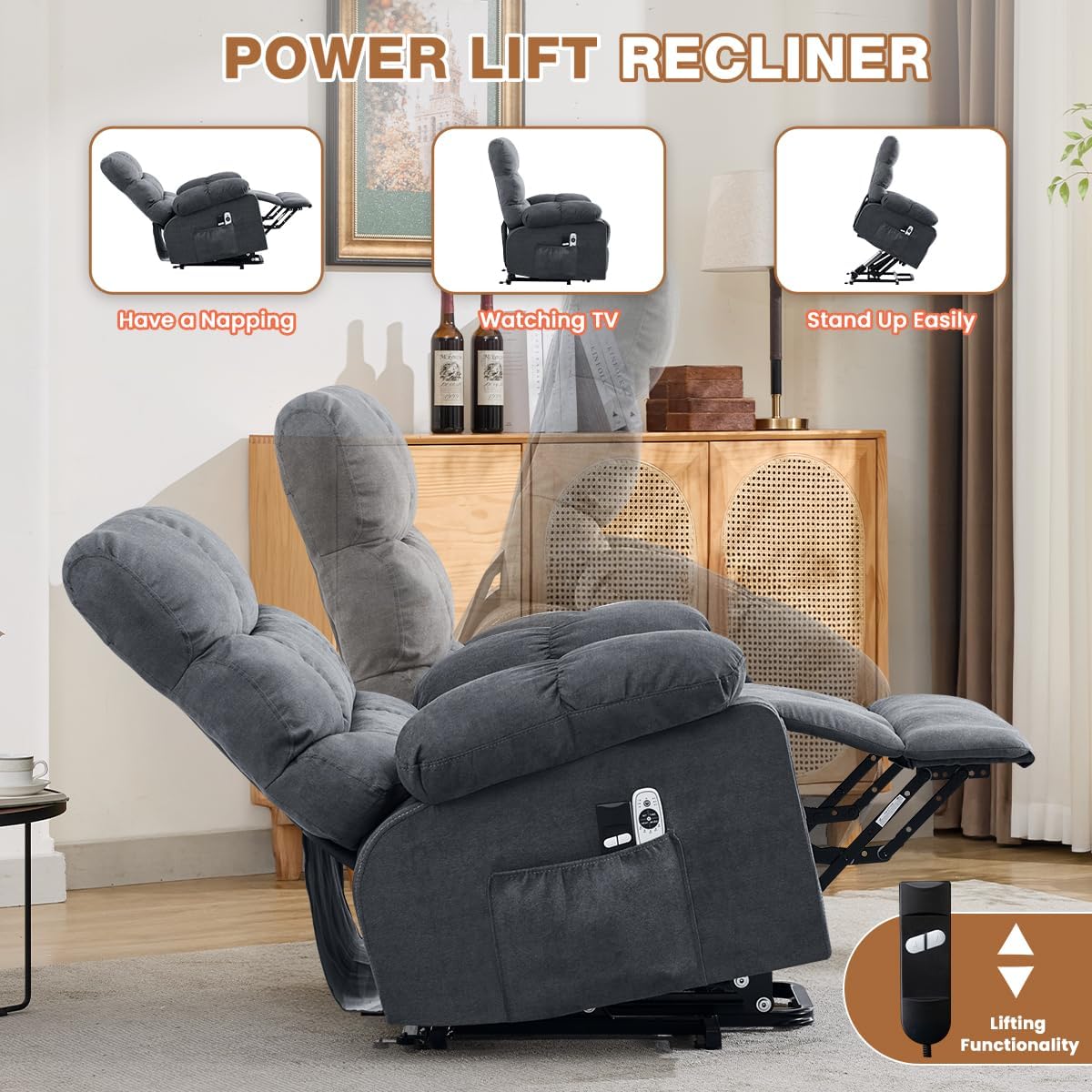 Power Lift Recliner Chair for Elderly with Heat and Massage, Electric Recliners Single Sofa with Side Pocket and USB Charge Port for Living Room and Bedroom Comfort