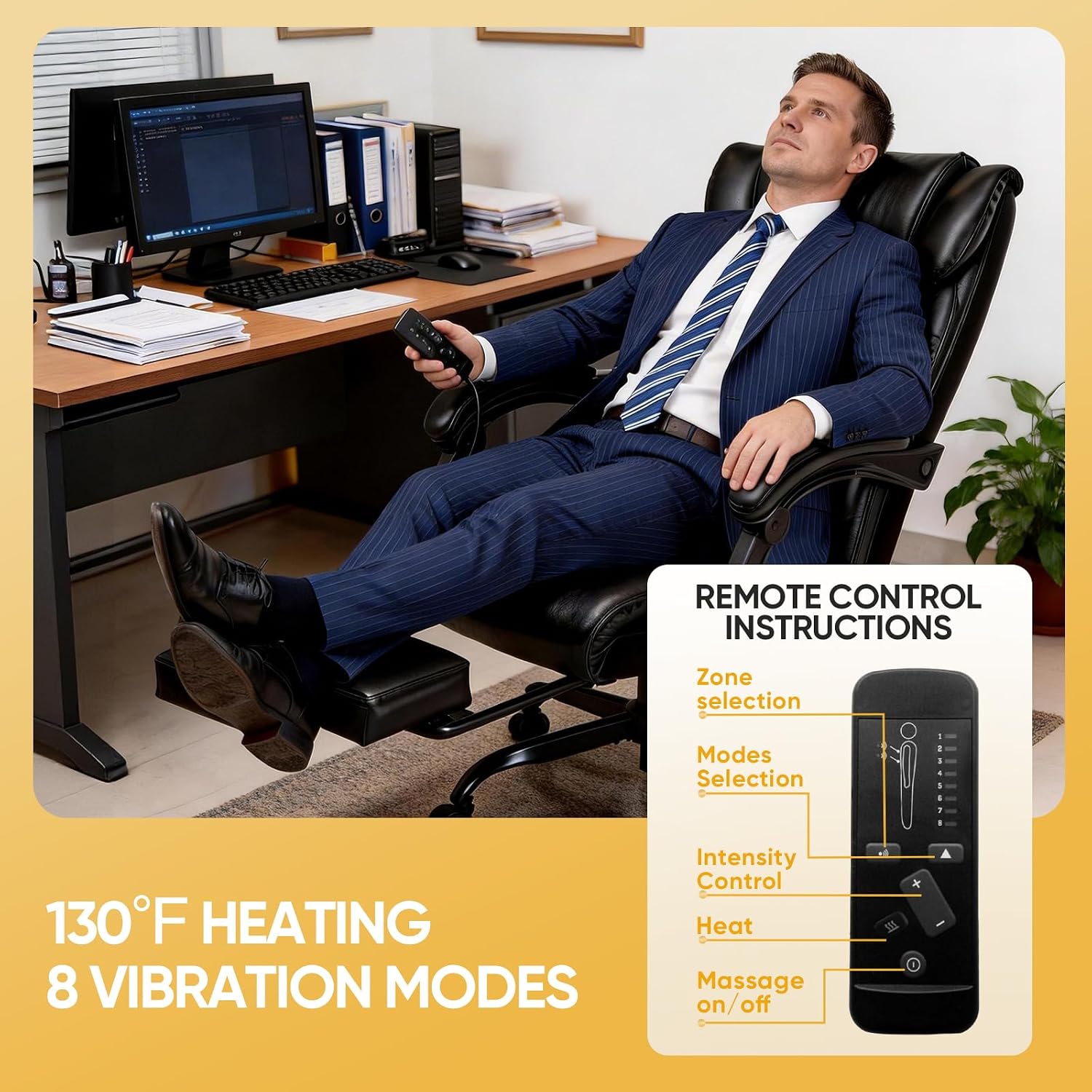 Massage Office Chair with Foot Rest and Heating, Executive Ergonomic Reclining Leather Office Chair, Big and Tall Desk Chair with Vibration Massager, Computer Gaming Chair for Home & Office Black