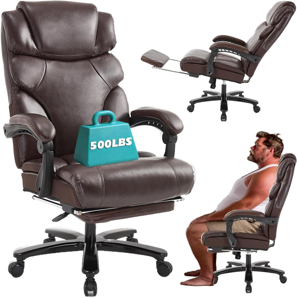 Heavy Duty Executive Office Chair, 500lbs Big and Tall Office Chair with Wide Seat, Reclining Ergonomic Desk Chair with Footrest PU Leather Computer Chair for Home Office, Red Brown