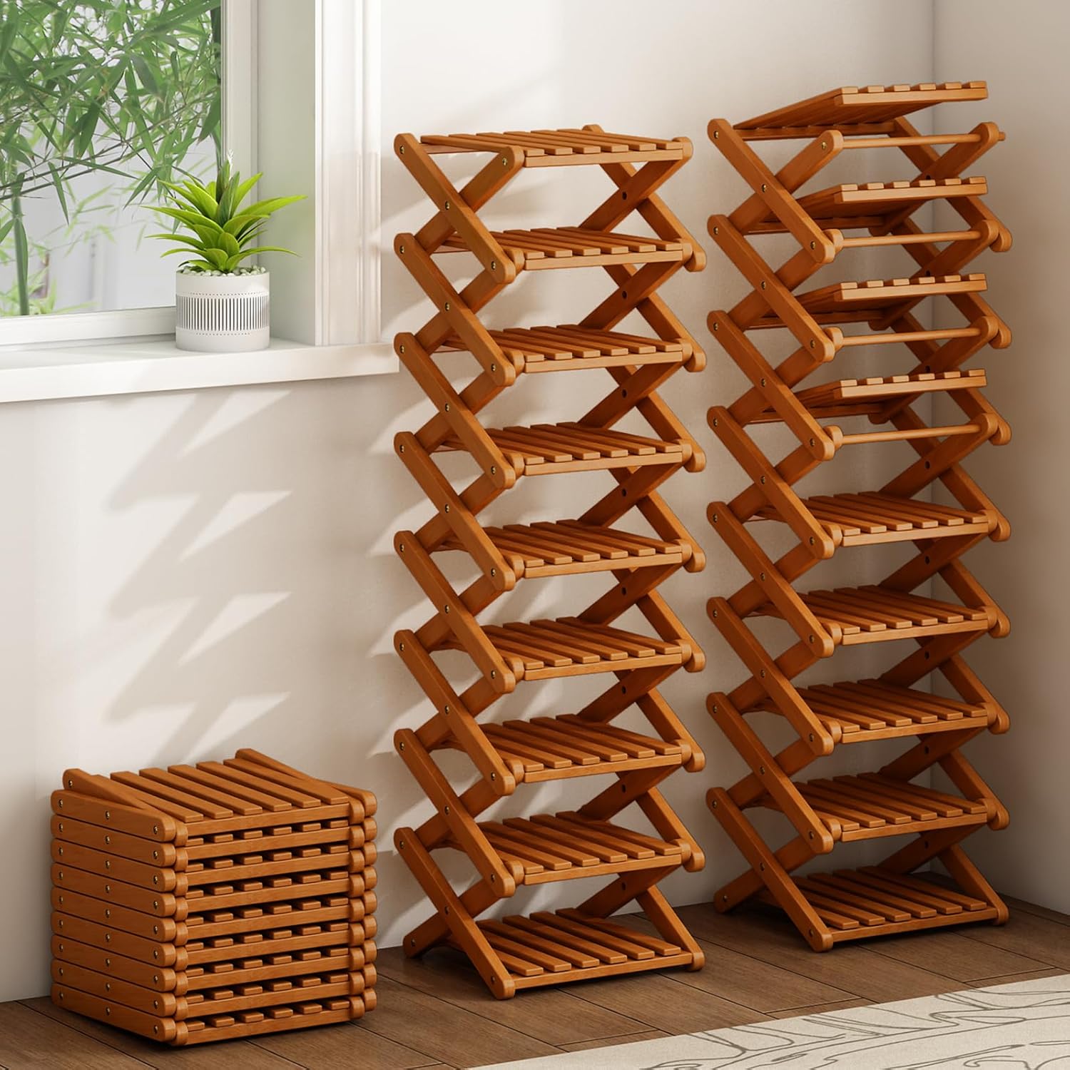9-Tier Bamboo Shoe Rack, Foldable Portable Storage, Vertical Shoe Shelf for Entryway, Bedroom, Hallway, Small Spaces - Multi-Functional Organizer Brown