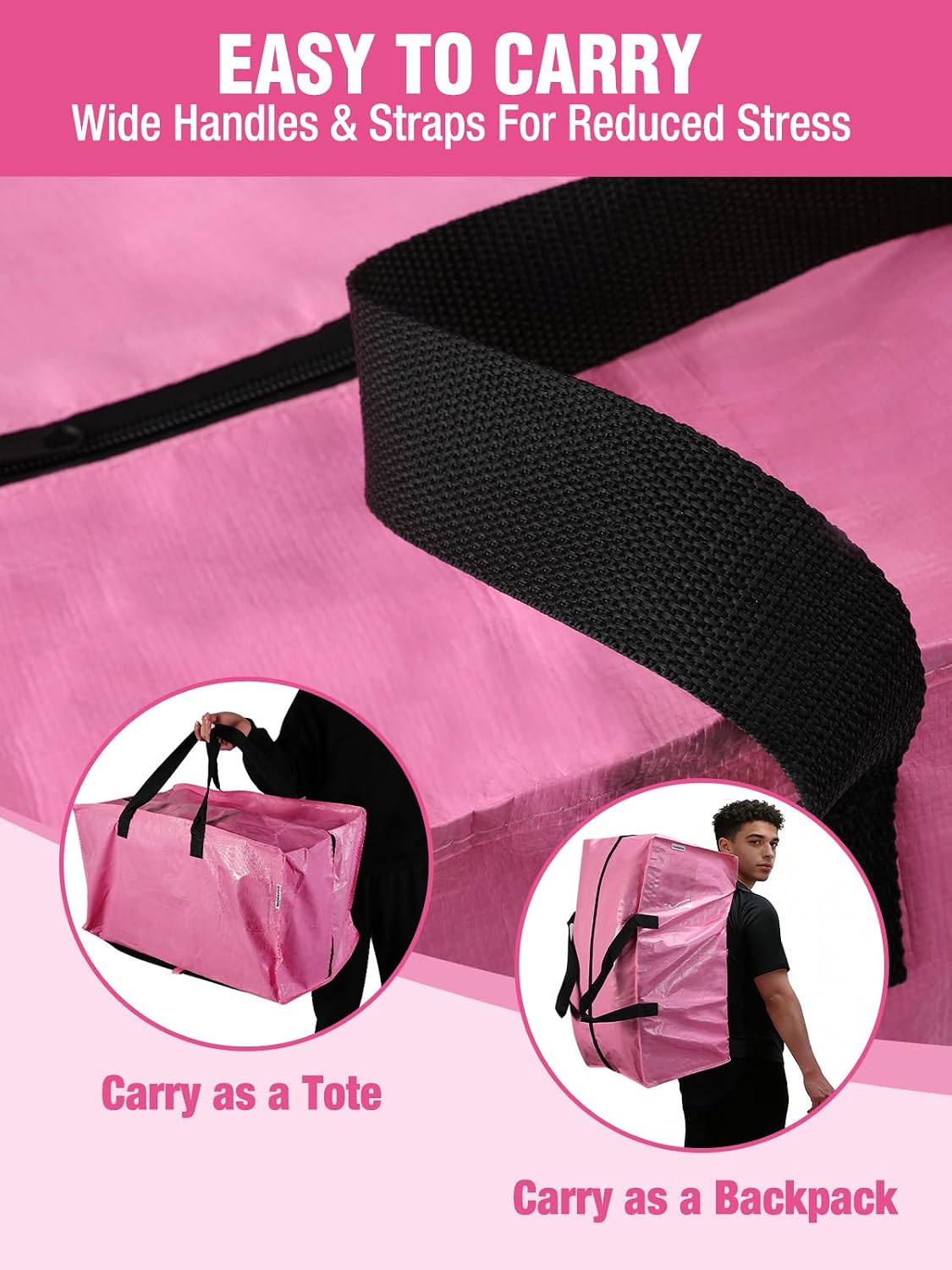 WORKPRO 10 Pack Extra Large Moving Bags with Zippers & Carrying Handles Backpack Straps, Heavy-Duty Storage Tote for Space Saving Moving Storage (Pink)