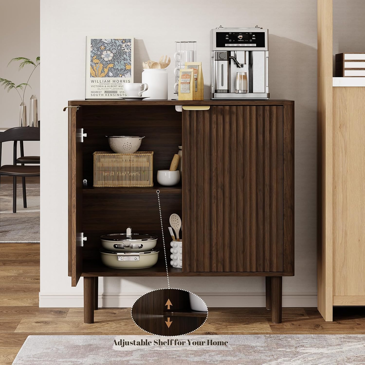 IKALIFE Sideboard Buffet Cabinet with Storage 31.5" Walnut | Modern Fluted Accent Credenza with Doors, Wood Coffee Bar Console Table for Living Room, Dining Room, Kitchen or Entryway