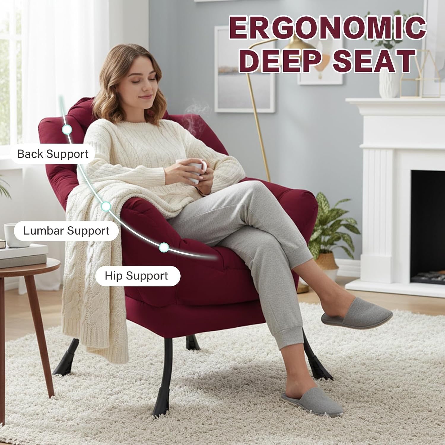 Lazy Chair for Living Room, Modern Soft Reading Chair Accent Contemporary Sofa Chair with Armrests and a Side Pocket for Bedroom, Dorm & Office, Burgundy