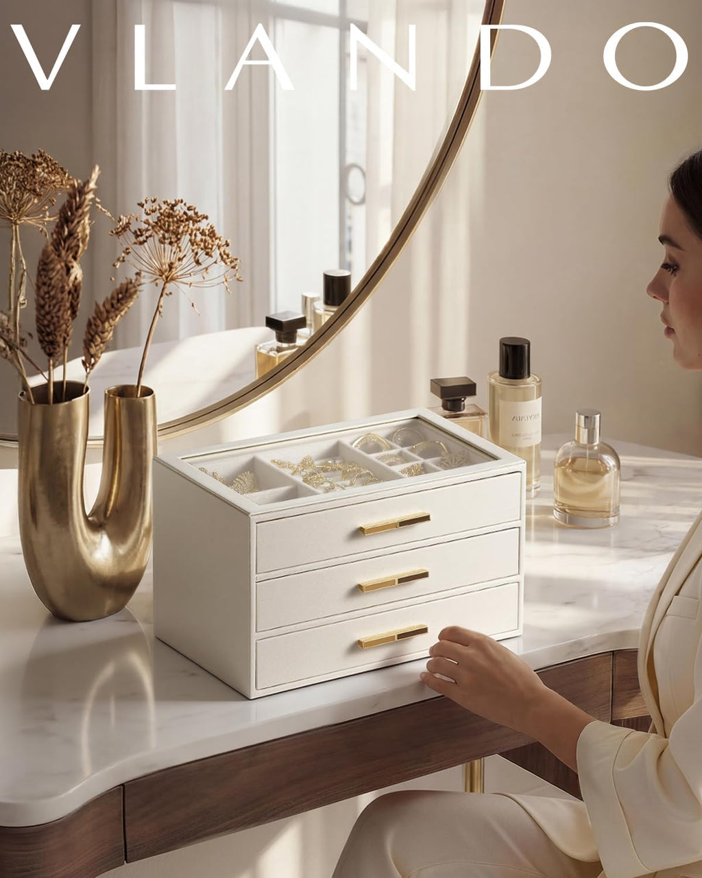VLANDO Jewelry Box for Women, Glass Lid Jewelry Organizer with 3 Drawers for Necklaces Rings Earrings Bracelets Mother Day Gift for Mom - Cloud White