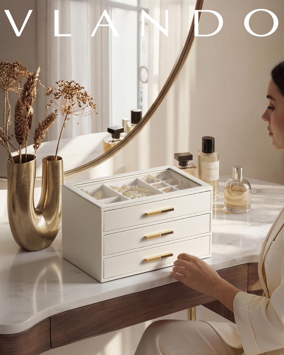 VLANDO Jewelry Box for Women, Glass Lid Jewelry Organizer with 3 Drawers for Necklaces Rings Earrings Bracelets Mother Day Gift for Mom - Cloud White