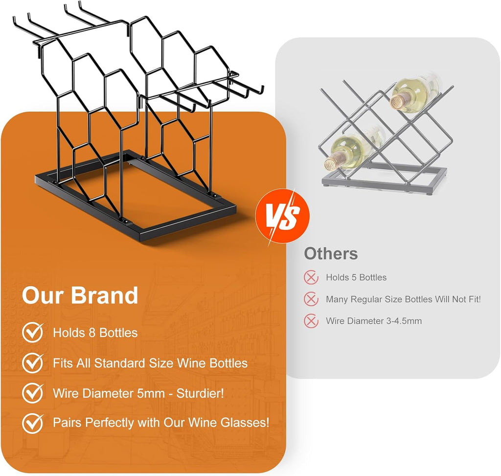 B4Life Countertop Wine Rack 3 Tier, Wine Rack with Glass Holder 8 Bottles, Freestanding Small Liquor Holder Metal, Tabletop Bottle Storage Stand for for Home, Kitchen, Bar, Cellar (Black, 8 Bottles)