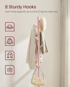 VASAGLE Solid Wood Coat Rack, Free Standing Hall Coat Tree with 8 Hooks, 3 Height Options, for Coats, Hats, Bags, Purses, for Entryway, Hallway, Rubberwood Hooks and Pole, Jelly Pink URCR010R01