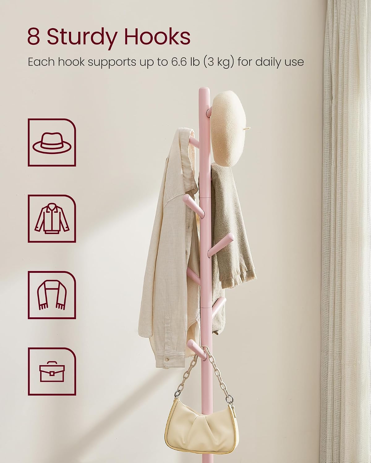 VASAGLE Solid Wood Coat Rack, Free Standing Hall Coat Tree with 8 Hooks, 3 Height Options, for Coats, Hats, Bags, Purses, for Entryway, Hallway, Rubberwood Hooks and Pole, Jelly Pink URCR010R01