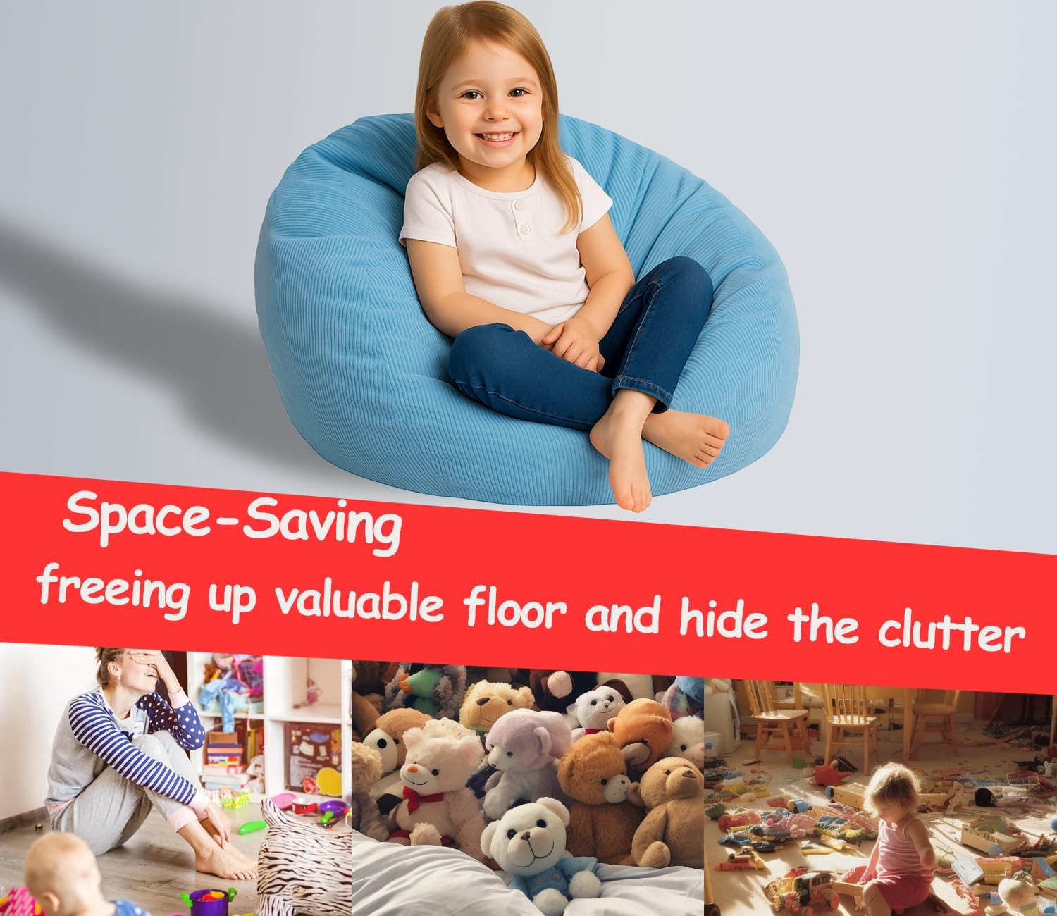 Stuffed Storage Bean Bag (No Filler) Keep Your Plush Toys More Organized Teens Children Lazy Playroom Perfect Ultra Soft Beanbag Washable Space Save Organizer Blue