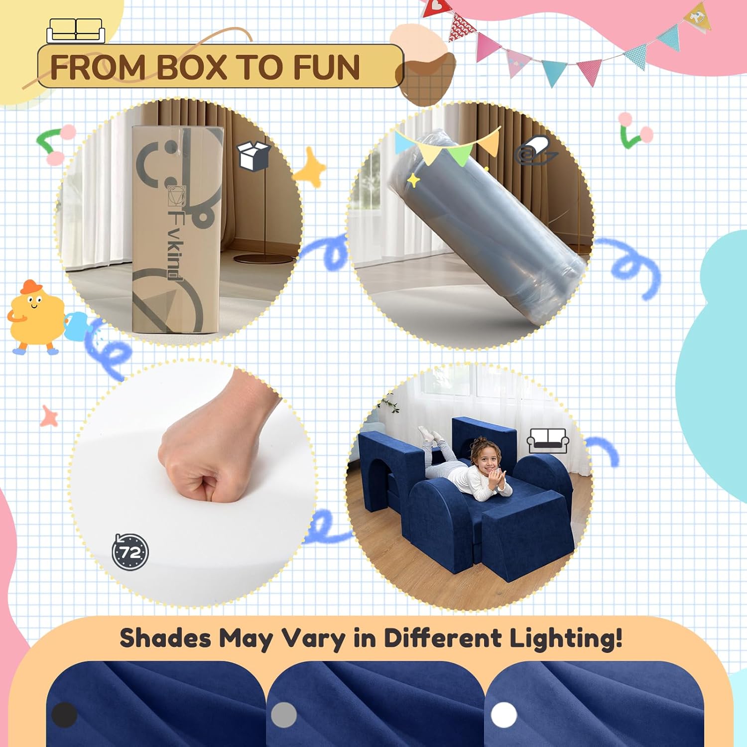 Fvkind 10 Pcs Modular Kids Play Couch, Foam Kids Play Couch for Playroom & Bedroom, Multifunctional Children Sofa Building Fort for Boys and Girls with Soft Foam and Removable Cover, Blue