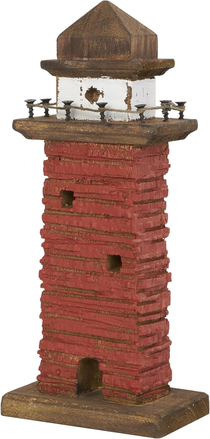 Deco 79 Wood Light House Decorative Sculpture Distressed Home Decor Statues with Blue and Brown Accents, Set of 2 Accent Figurines 5" W, 10" H, Red