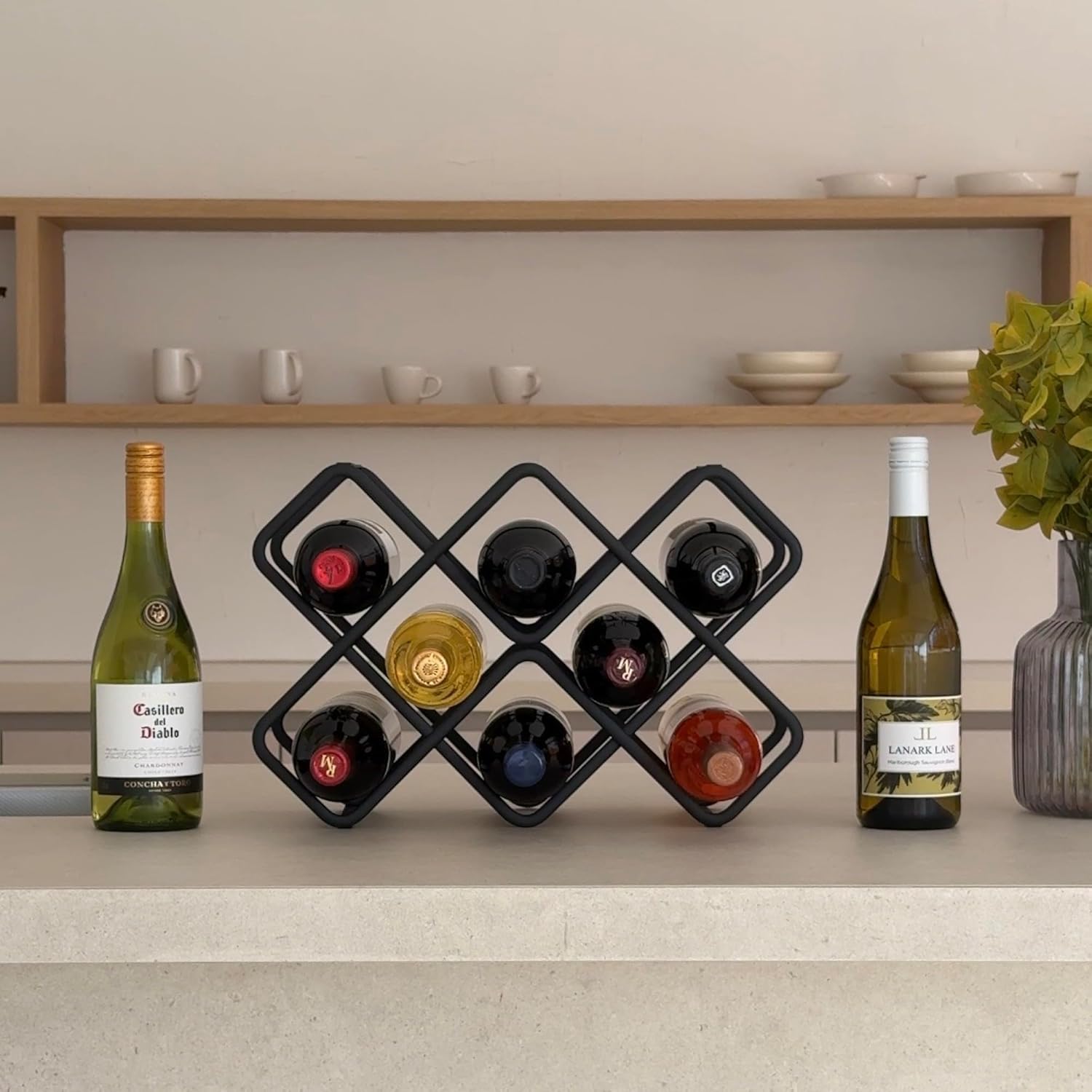Metal Wine Rack – Matte Black Carbon Steel, 10-Bottle Countertop & Hangable Wine Holder, Modern Geometric Design, Rustproof, Under-Cabinet Display, No Assembly Needed for Countertop Use