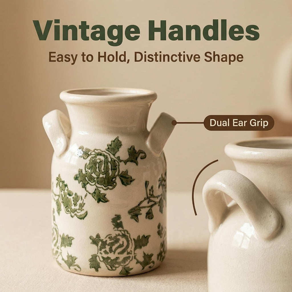 Ceramic Vase Set of 3 with Two Handles, Green White Neutral Rustic Modern Farmhouse Boho Decor, Versatile as Table Centerpiece or Mantel & Shelf Accent - Unique Home Gift Idea