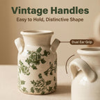 Ceramic Vase Set of 3 with Two Handles, Green White Neutral Rustic Modern Farmhouse Boho Decor, Versatile as Table Centerpiece or Mantel & Shelf Accent - Unique Home Gift Idea
