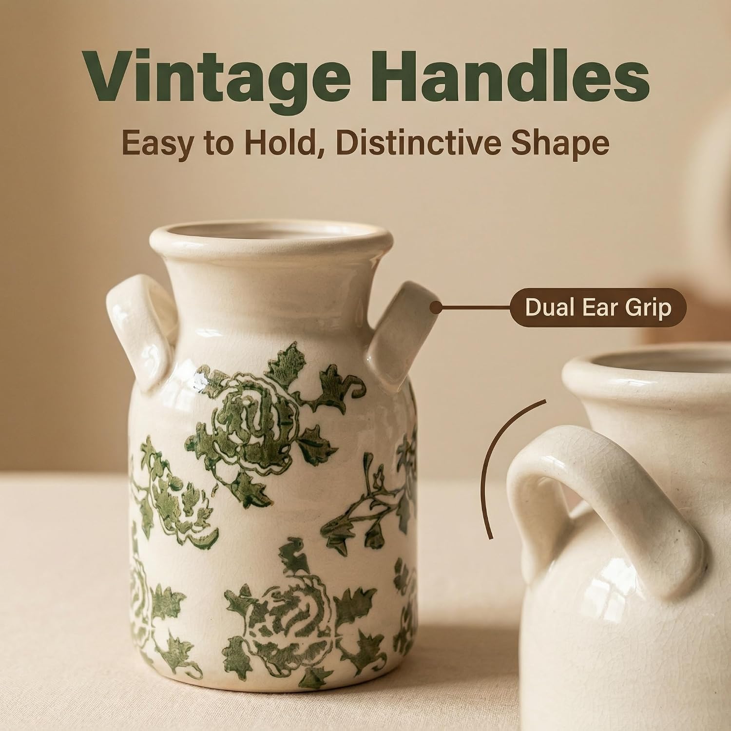 Ceramic Vase Set of 3 with Two Handles, Green White Neutral Rustic Modern Farmhouse Boho Decor, Versatile as Table Centerpiece or Mantel & Shelf Accent - Unique Home Gift Idea