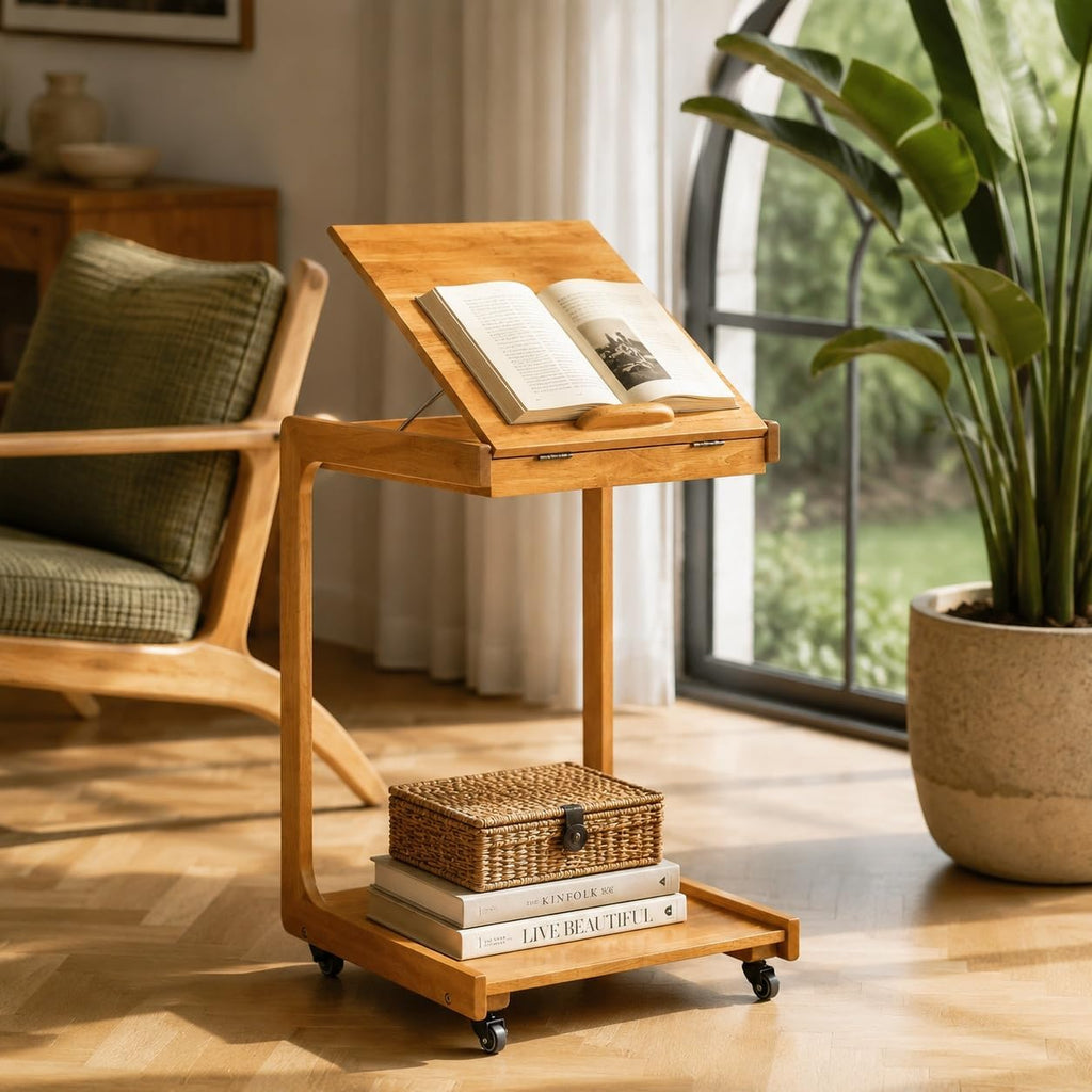 Solid Wood C Shaped End Table, Couch Table with Adjustable Desktop and 2 Lockable Wheels, Small Side Table with Storage, Multi-Functional Laptop Stand & Snack Table for Living Room, Bedroom