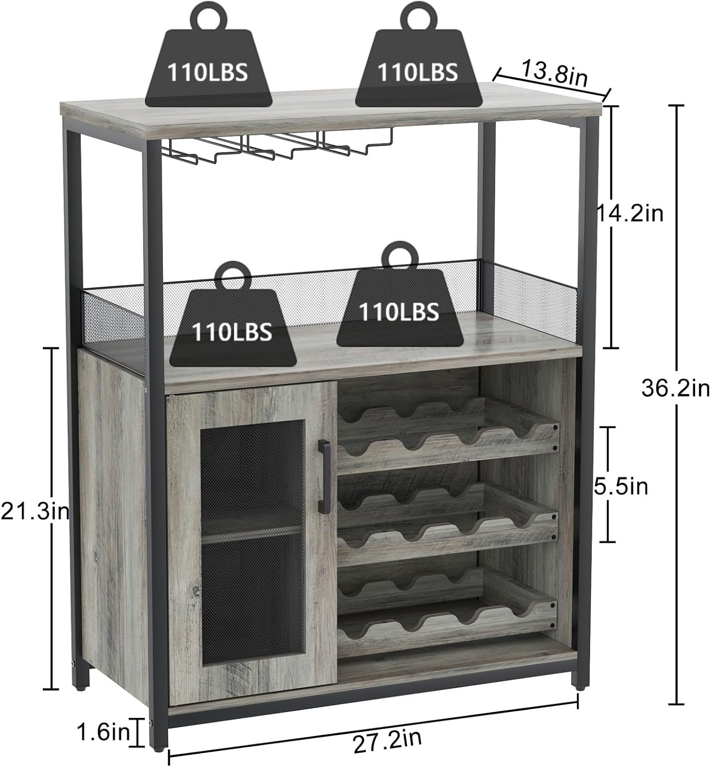 IDEALHOUSE Wine Cabinet with Large Storage Space and Detachable Rack, Small Sideboard and Buffet Cabinet with Mesh Door, Grey