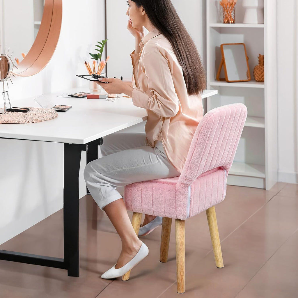 Vanity Stool Chair with Storage & Folding Back, Faux Rabbit Fur Soft Padded Seat Ottoman, 4 Solid Wood Legs Anti-Slip Feet, Small Stool for Vanity Desk for Makeuproom, Bedroom 15.7”x12.5”x28.7”（Pink）