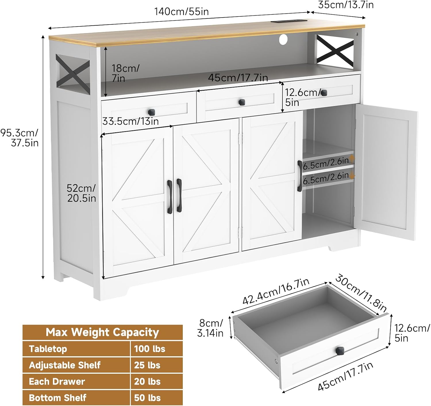 Lahomie Sideboard Buffet Cabinet with Storage, 55" Kitchen Buffet Cabinet with Charging Station, Farmhouse Coffee Bar Station with Drawers and Doors, Credenza for Kitchen Living Room Entryway, White