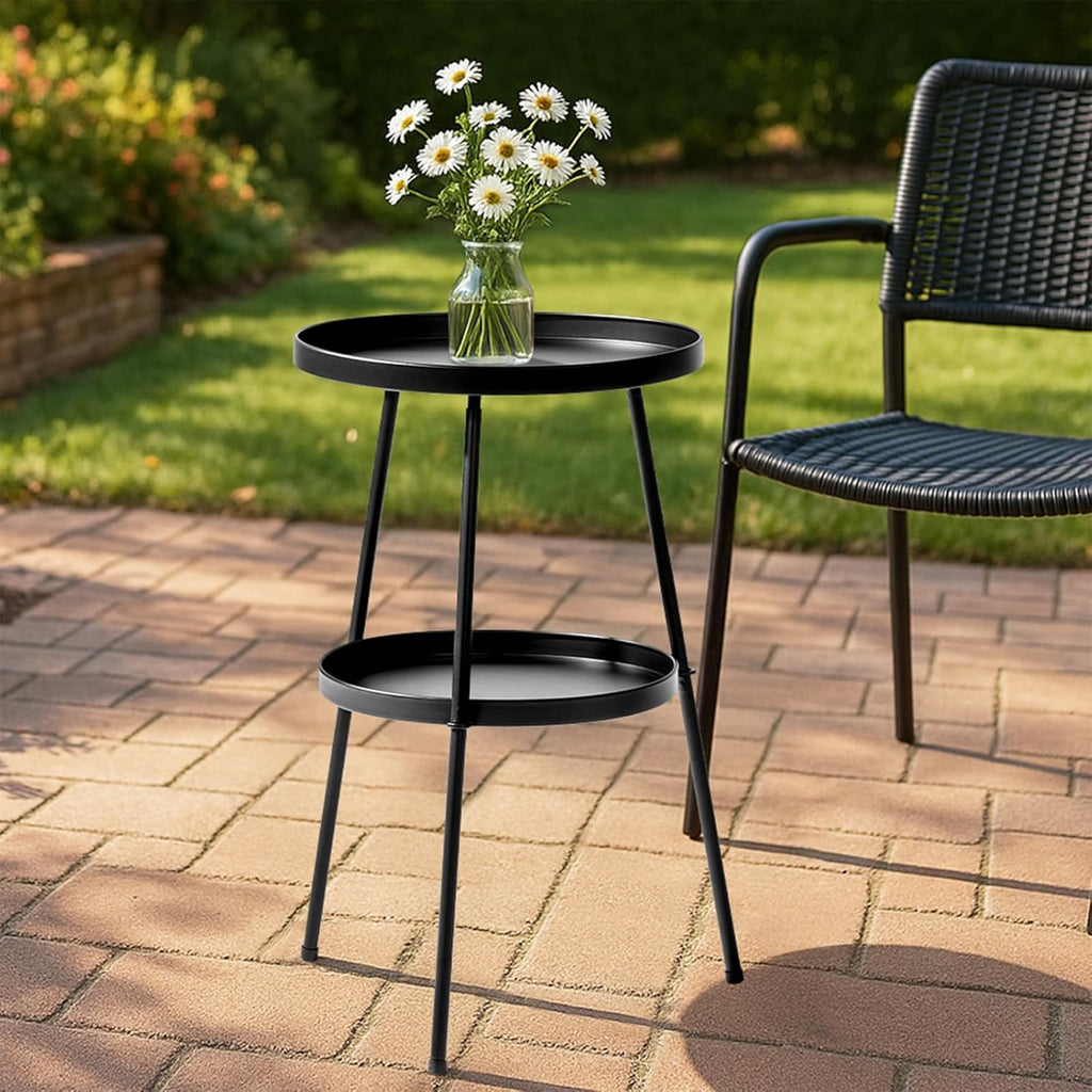 2-Tier Round Metal Coffee Tables Nightstand for Small Spaces,Round End Table,Small Side Table for Indoor Outdoor and Living Room Bedroom or Office, Black