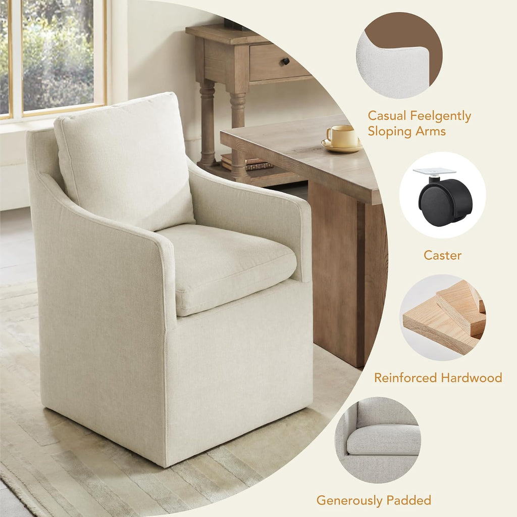 KISLOT Upholstered Dining Chairs with Casters, No Assembly Modern Accent Armchair with Rollers for Dining Room, Bedroom, Living Room, Reading Room, Already Assembled, Beige, 2 Box