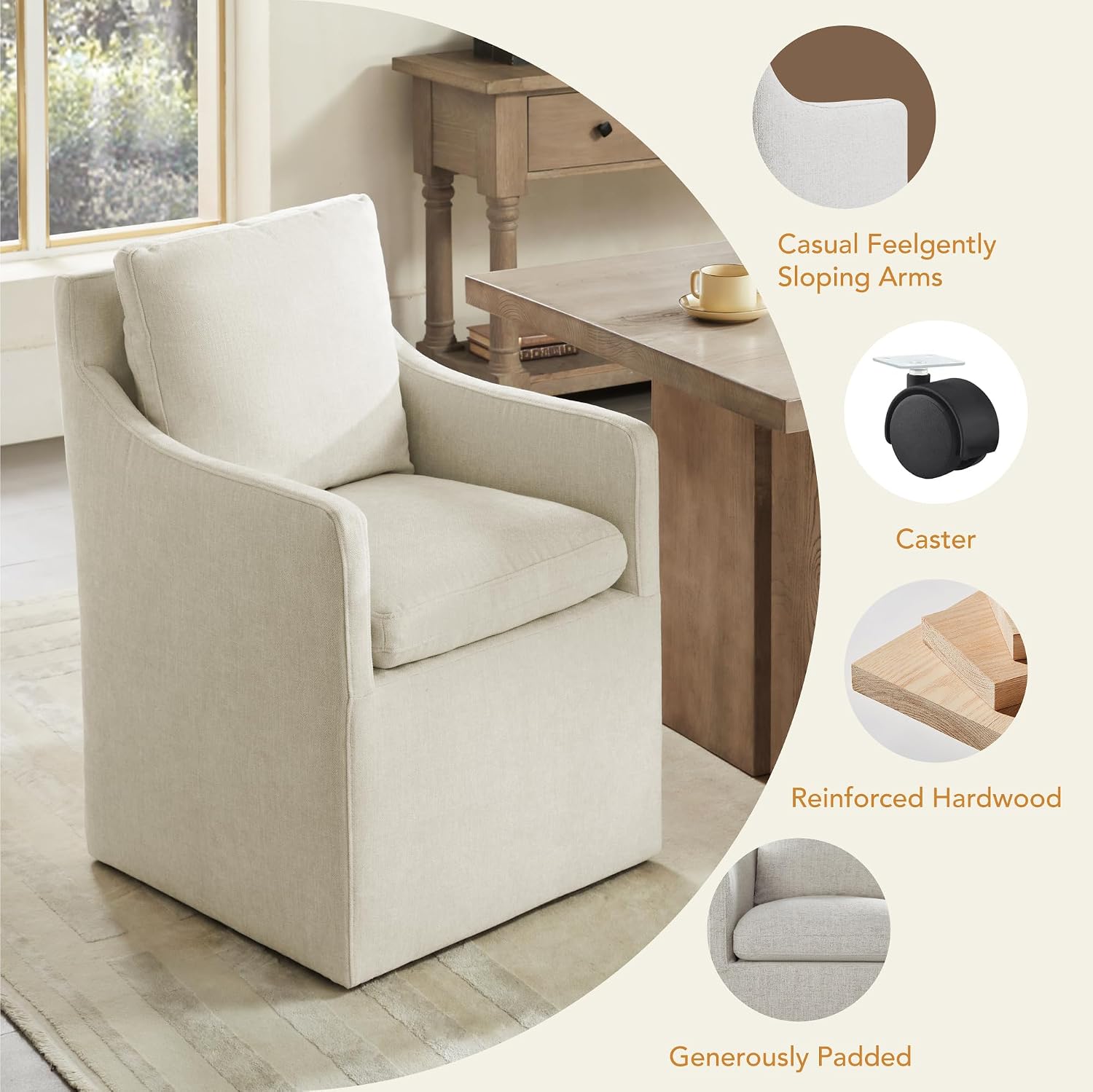KISLOT Upholstered Dining Chairs with Casters, No Assembly Modern Accent Armchair with Rollers for Dining Room, Bedroom, Living Room, Reading Room, Already Assembled, Beige, 2 Box