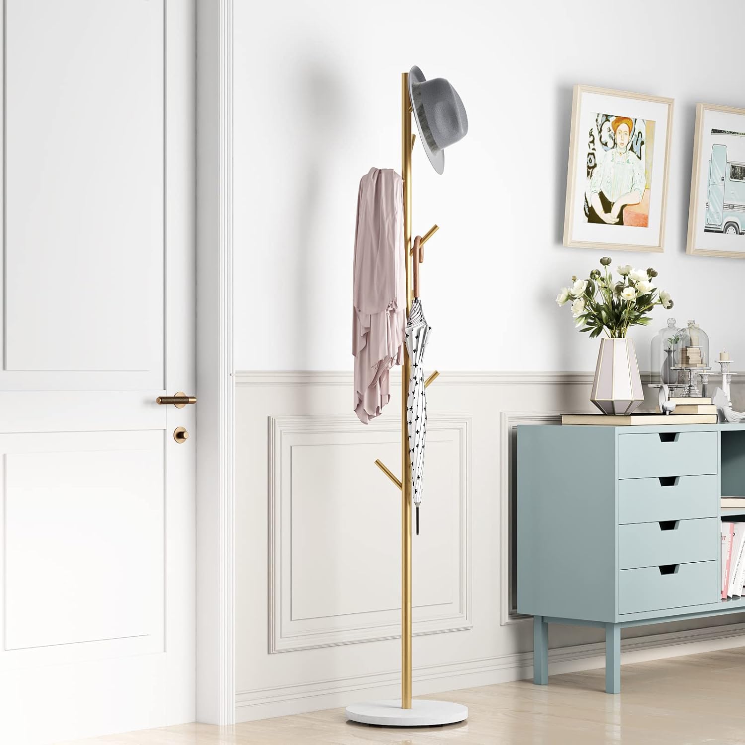 DOORXIFO Gold Coat Racks, Metal Coat Rack Freestanding with Hooks, Entryway Coat Rack Stand, Coat Racks with Marble Base, Coat Tree for Hanging Clothes, Hats, Bags