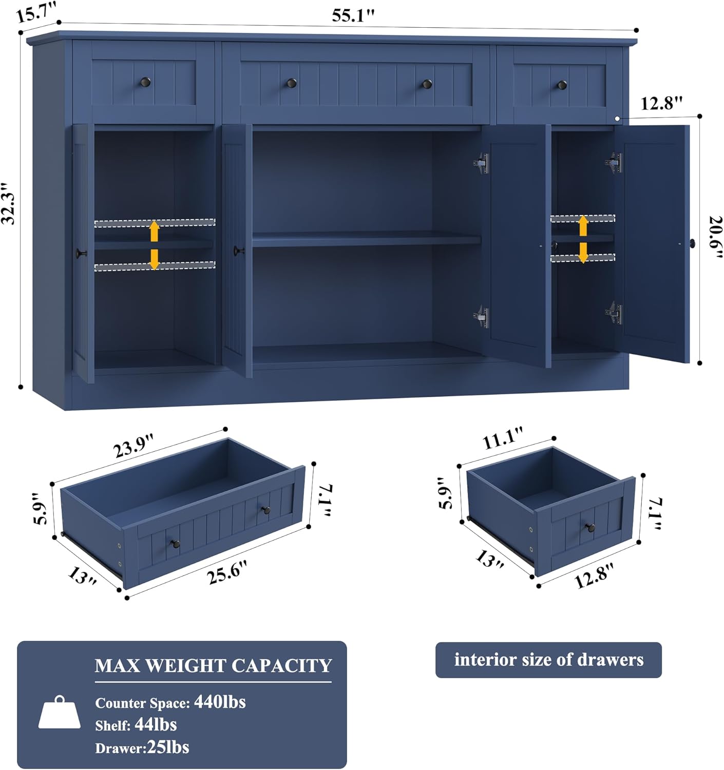 HITHOS 55" Sideboard Buffet Cabinet with Storage, Modern Kitchen Buffet Storage Cabinet with Drawers, Wood Coffee Bar with Adjustable Shelves, Large Sideboard for Kitchen, Living Room, Blue
