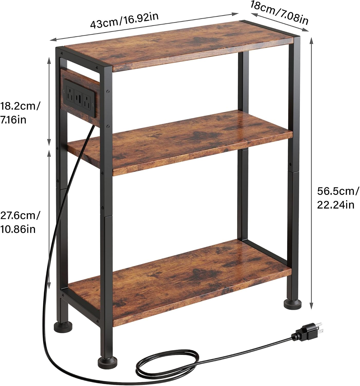 End Table with Charging Station, 3-Tier Side Table for Small Space, Skinny Nightstand with USB/Type C Port and 2 Outlets, Slim Beside Table for Living Room, Bedroom, Balcony, Rustic Brown