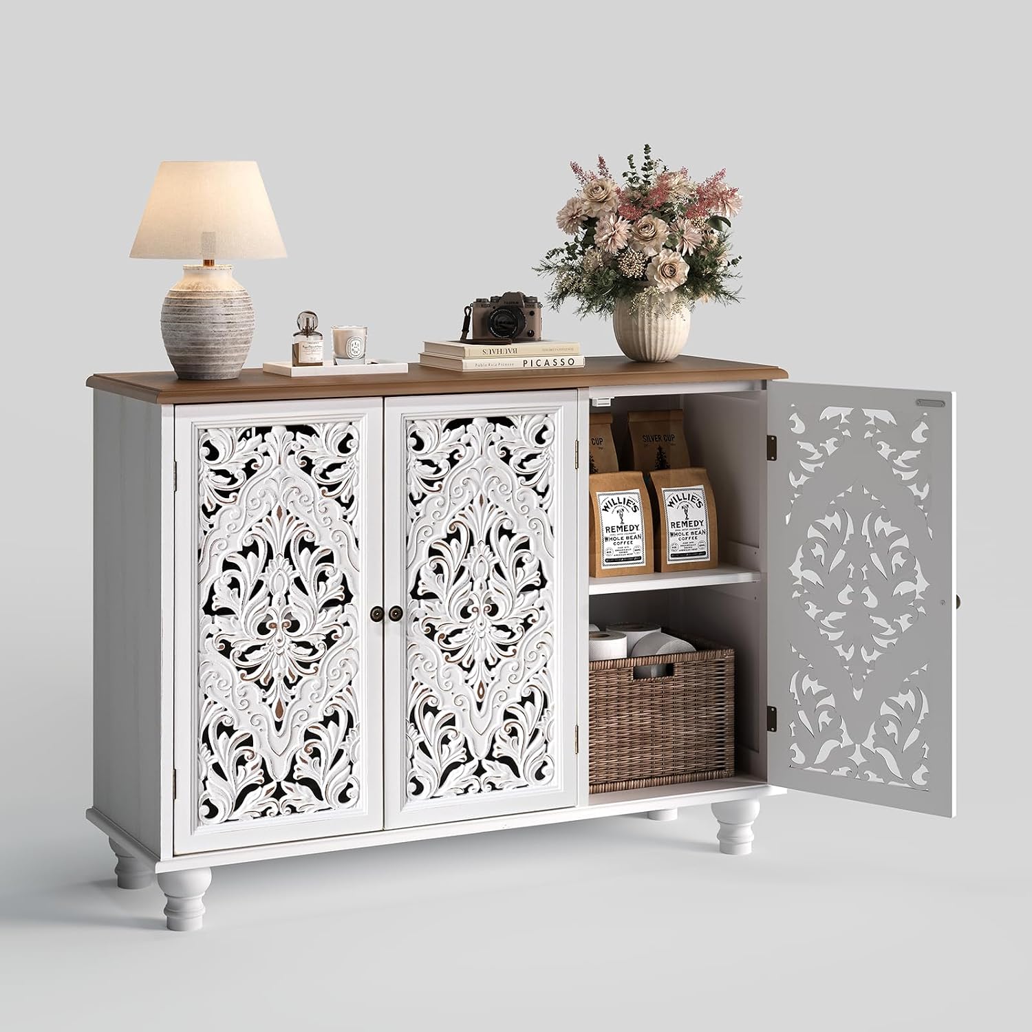 Jiansu furni Sideboard Buffet Cabinet with Storage,Accent Cabinet with 3 Doors & Adjustable Shelves for Kitchen, Living Room,Hallway,Bedroon(White)