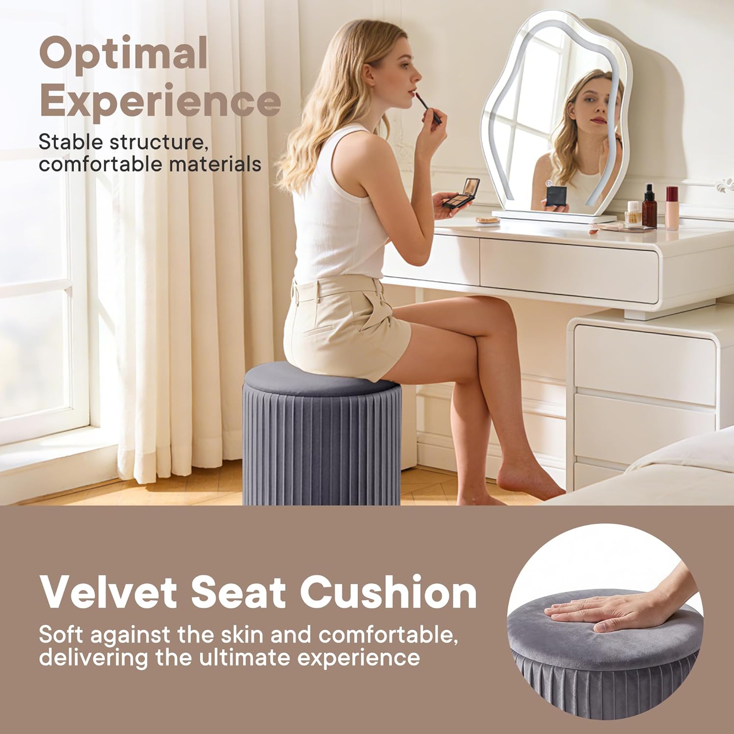 DUMOS Round Ottoman with Storage Set of 2, Vanity Stool Chair with Storage, Makeup Cute Soft Small Footstool Modern Style Coffee Table, Small Velvet Foot Stool for Living Room Bedroom Dorm, Deep Grey