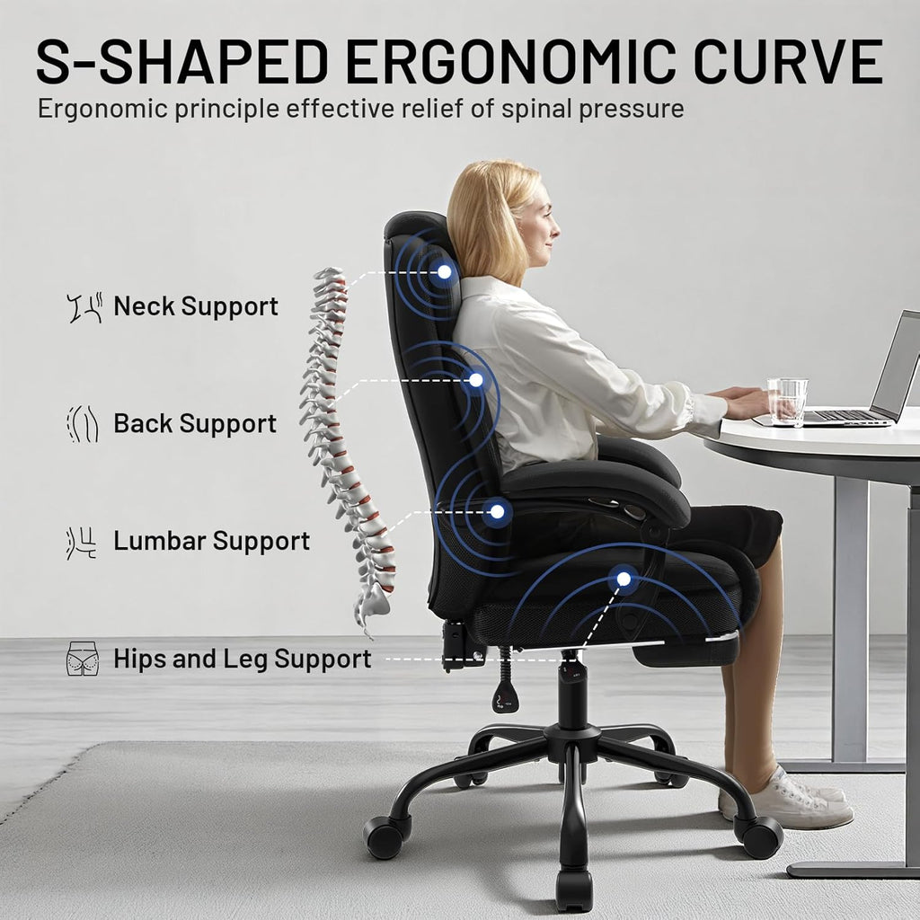 AreShark Ergonomic Office Chair with Footrest,PU Leather Executive Desk Chair Padded Linkage Armrests,Lumbar Support,Swivel Computer Chair for Home Office & Gaming,Black