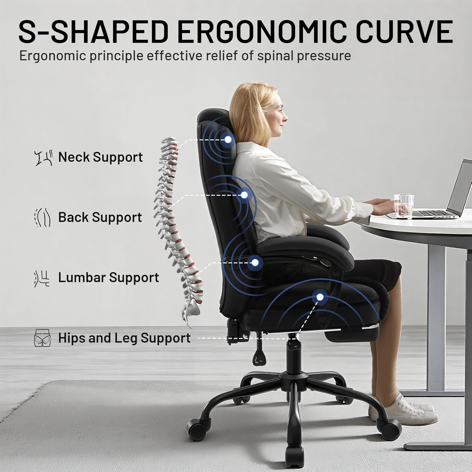 AreShark Ergonomic Office Chair with Footrest,PU Leather Executive Desk Chair Padded Linkage Armrests,Lumbar Support,Swivel Computer Chair for Home Office & Gaming,Black