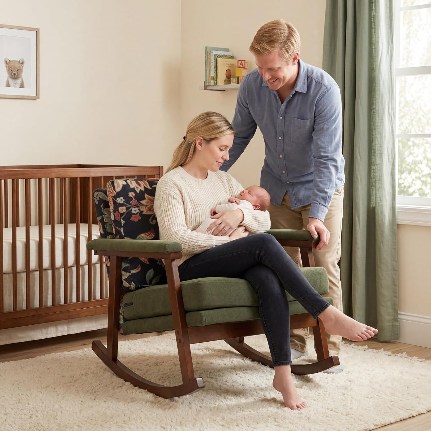 Nursery Rocking Chair, Compact Upholstered Rocker with Solid Wood Legs, Cozy Nursing Glider Chair for Mom, Small Space Chair for Nursery, Bedroom (Olive Green Floral)