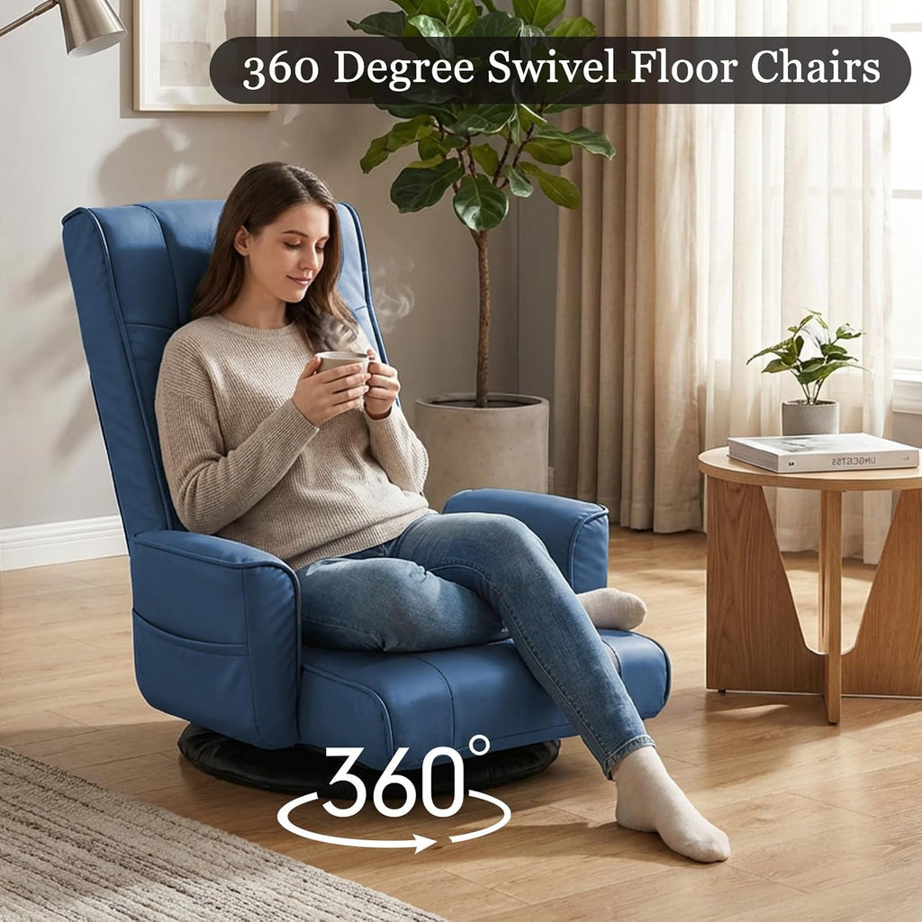 360° Swivel Floor Chair with Armrests, 14-Position Adjustable Floor Lounger for Adults, Folding Padded Floor Seat with Backrest for Gaming, Reading & Living Room (Blue)